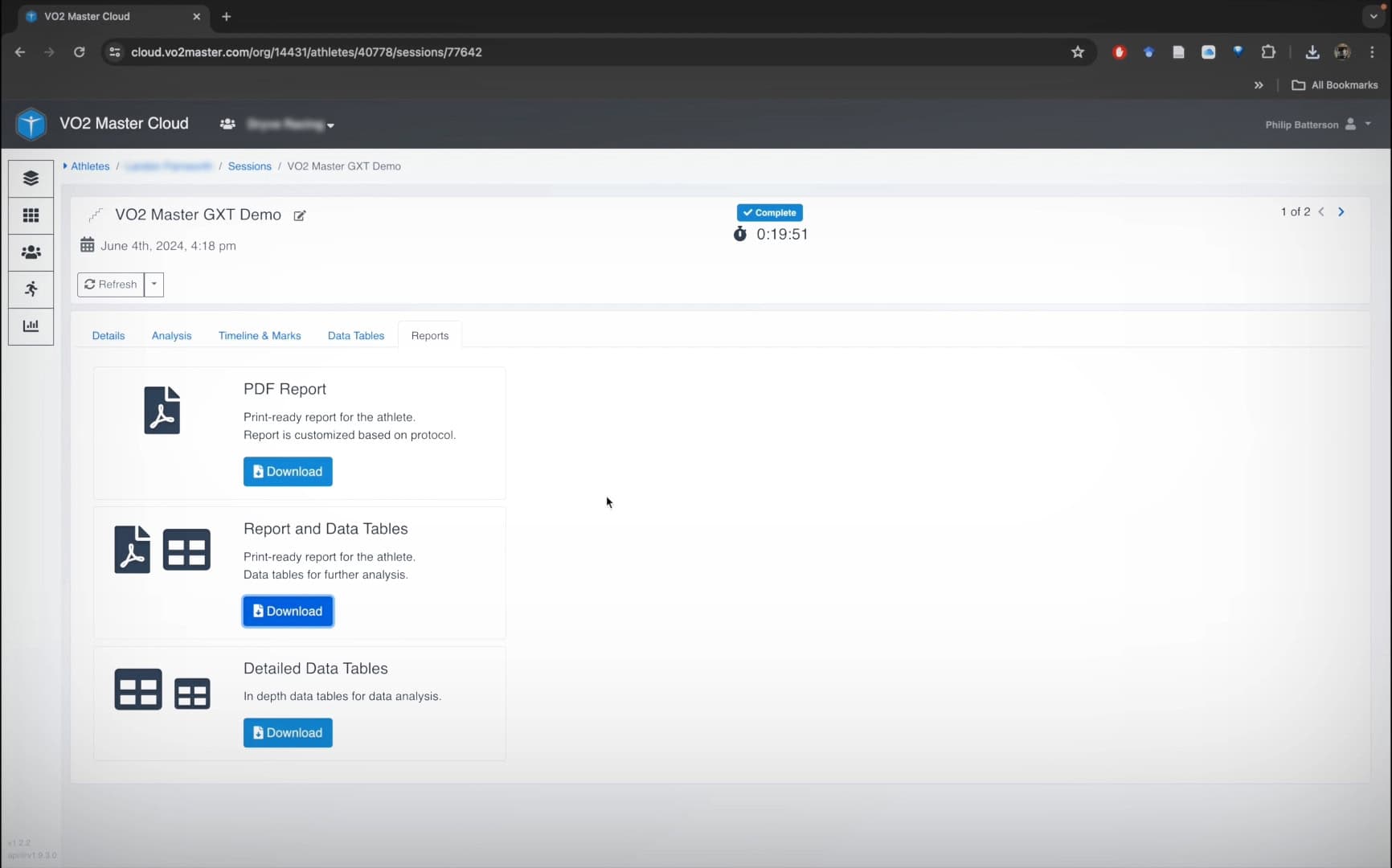 the report downloading screen in the vo2 master cloud that can be used for virtual coaching 