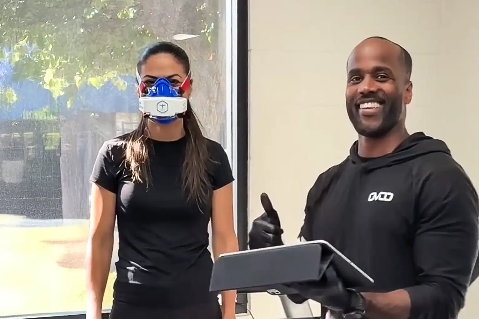  VO2 max and Zone 2 heart rate testing with VO2 Master device led by coach Darnell Hardy at Revive Physical Therapy.