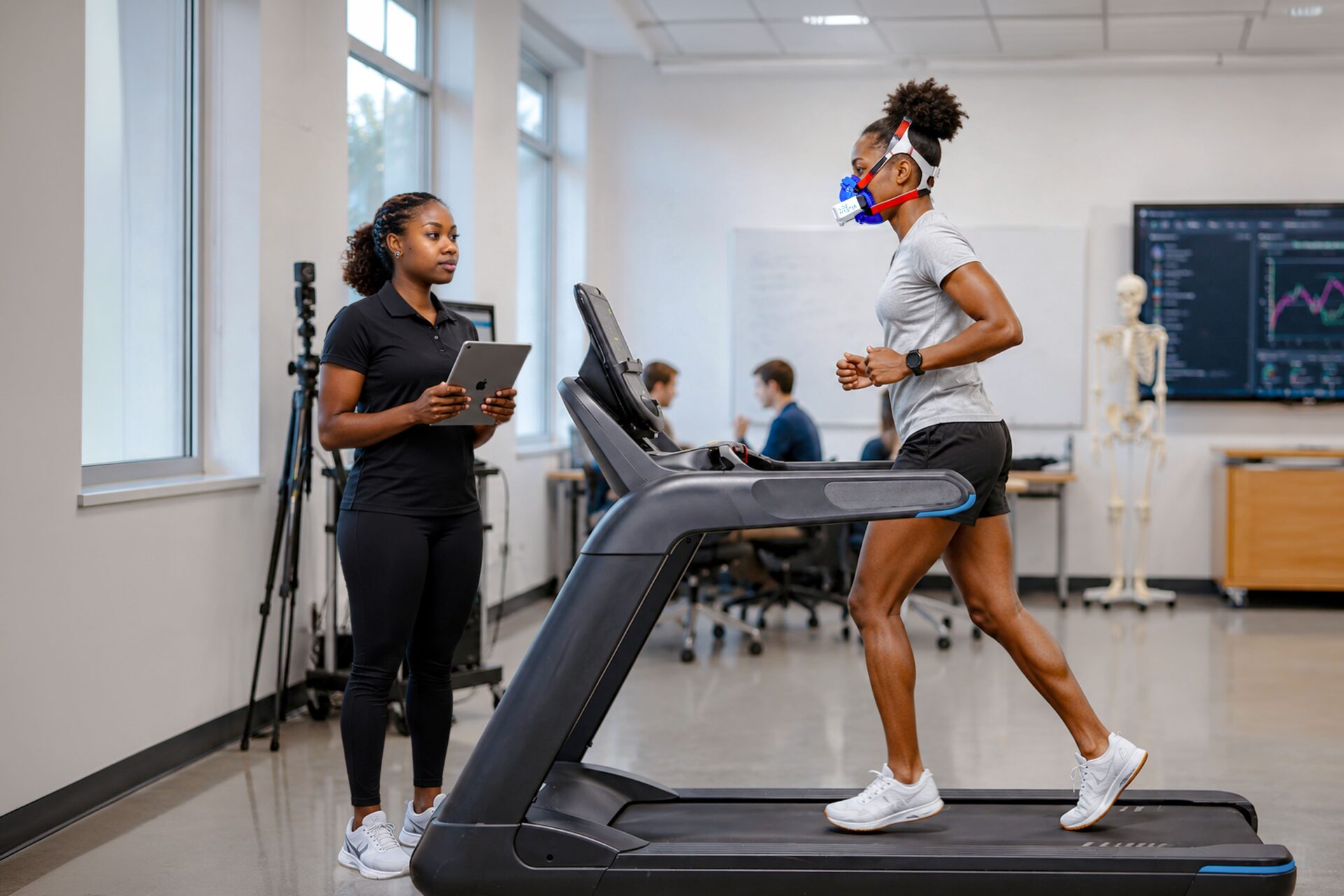 Berea College student conducting VO2 Max testing with a portable metabolic analyzer