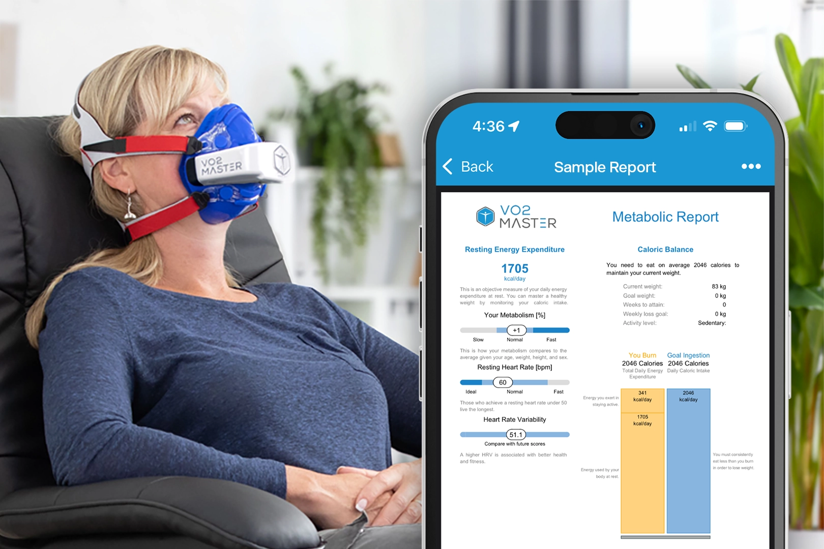 Resting metabolic rate assessment using indirect calorimetry device with metabolic report displayed on screen.