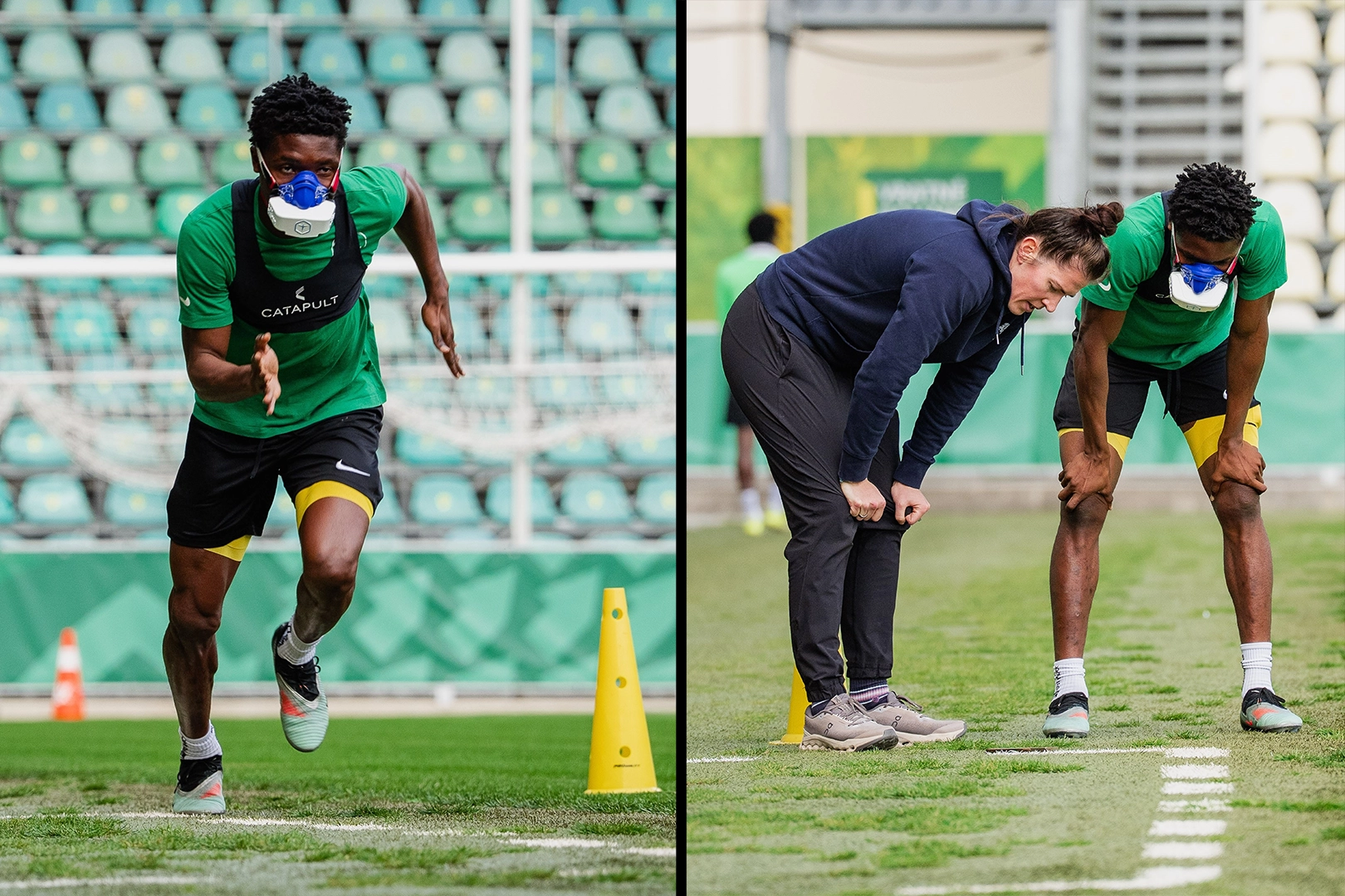 Soccer (football) athlete wearing the VO2 Master Analyzer during in-the-field metabolic testing.