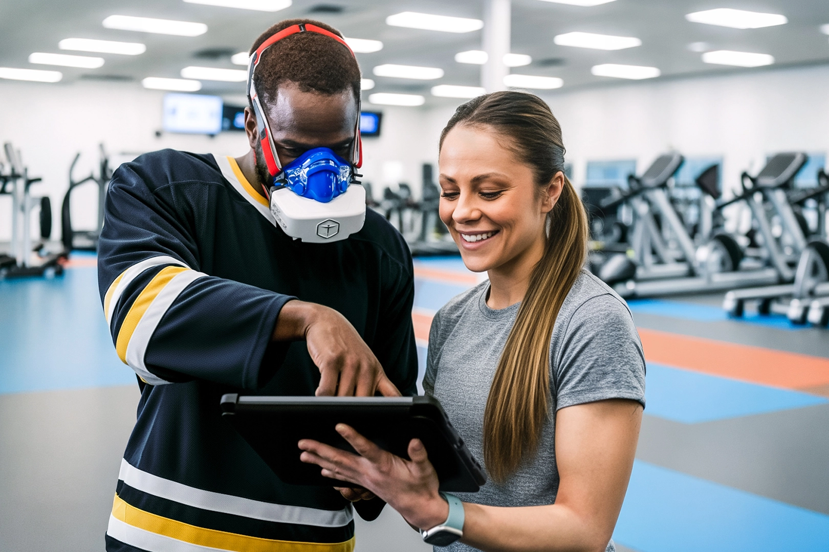 Athletic trainer reviews VO2 Master instant report with elite hockey player after VO2 testing.