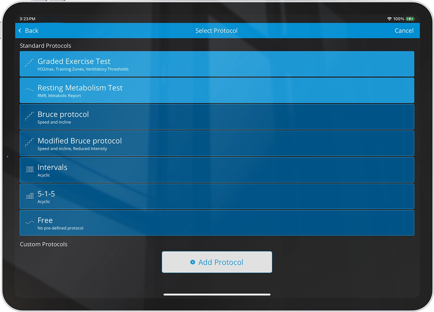 Tablet interface displaying protocol options for graded exercise testing and resting metabolism testing in a fitness assessment app.