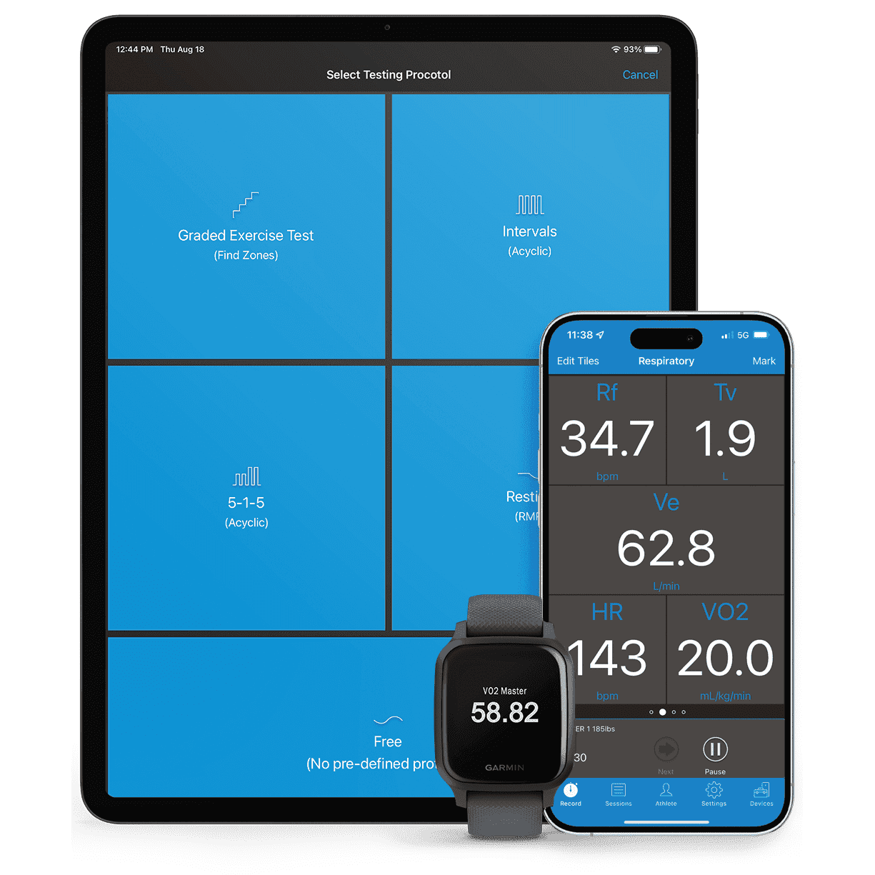 VO2 Master app on a tablet, phone and Garmin watch