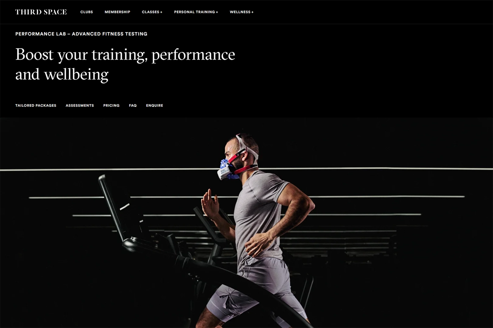 Third Space London’s webpage featuring a runner wearing a VO2 Master during treadmill fitness testing.