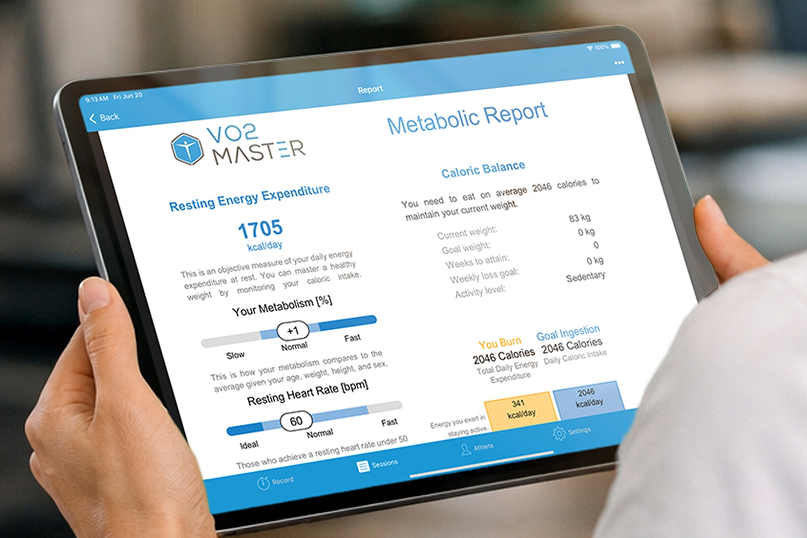 Tablet displaying the VO2 Master instant RMR client summary report with resting energy expenditure and caloric balance data.