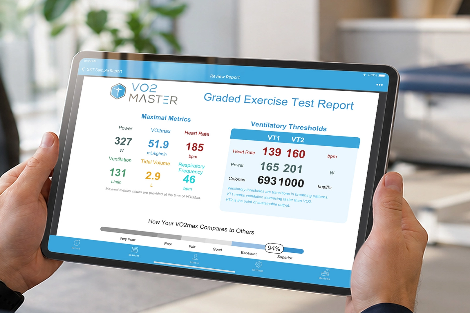 Fitness and wellness professional holding an iPad displaying a VO2 Master graded exercise test sample report with VO2 Max and threshold results.