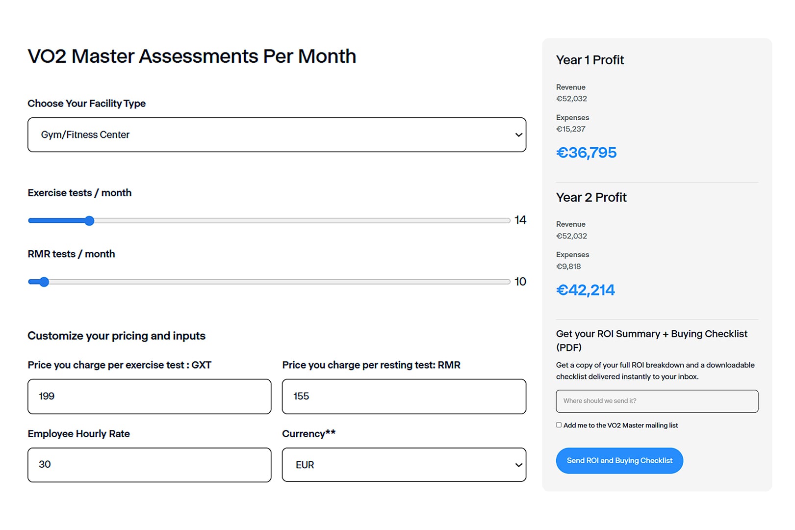 VO2 Master ROI calculator for gyms estimating monthly VO2 testing, RMR testing, revenue, expenses and profit.